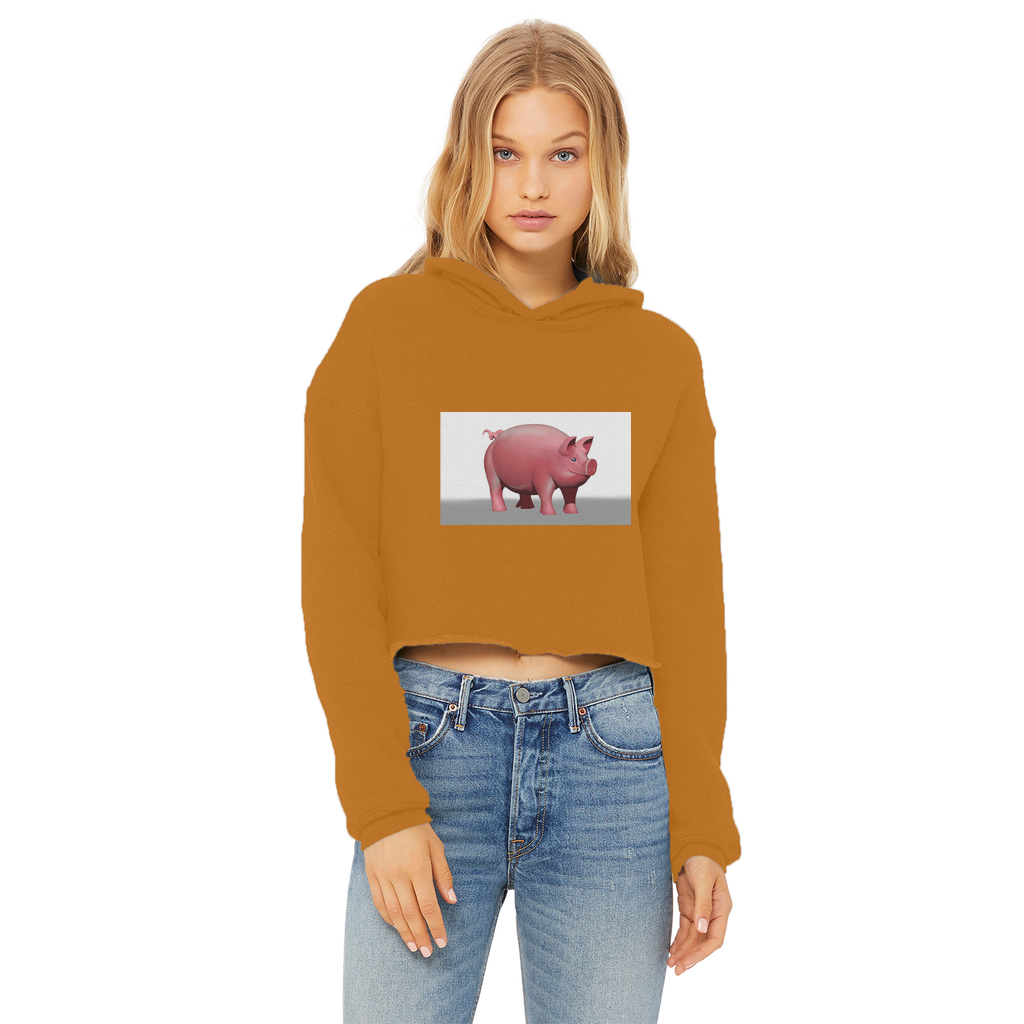 A stylish Pig Ladies Cropped Raw Edge Hoodie featuring a raw edge hem, double fabric hood, and ribbed cuffs, perfect for casual wear and customization.