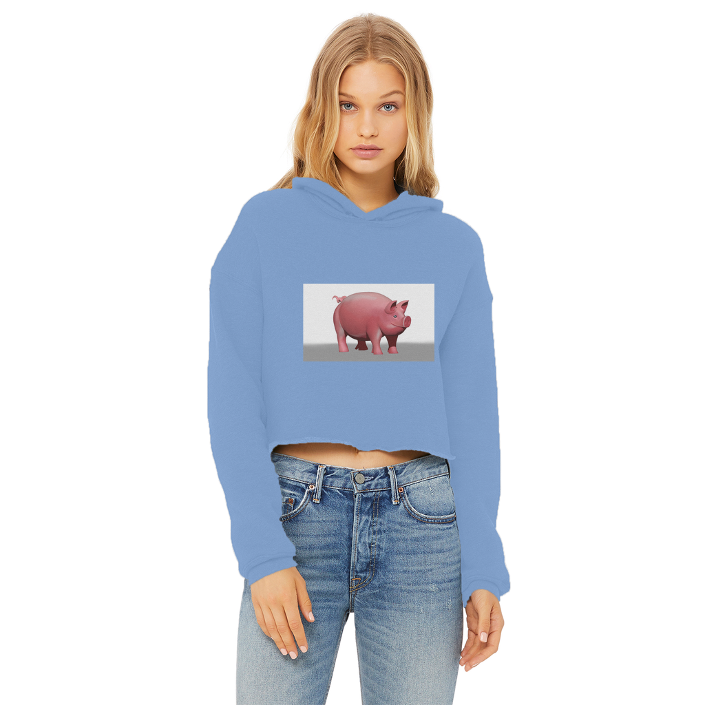 A stylish Pig Ladies Cropped Raw Edge Hoodie featuring a raw edge hem, double fabric hood, and ribbed cuffs, perfect for casual wear and customization.