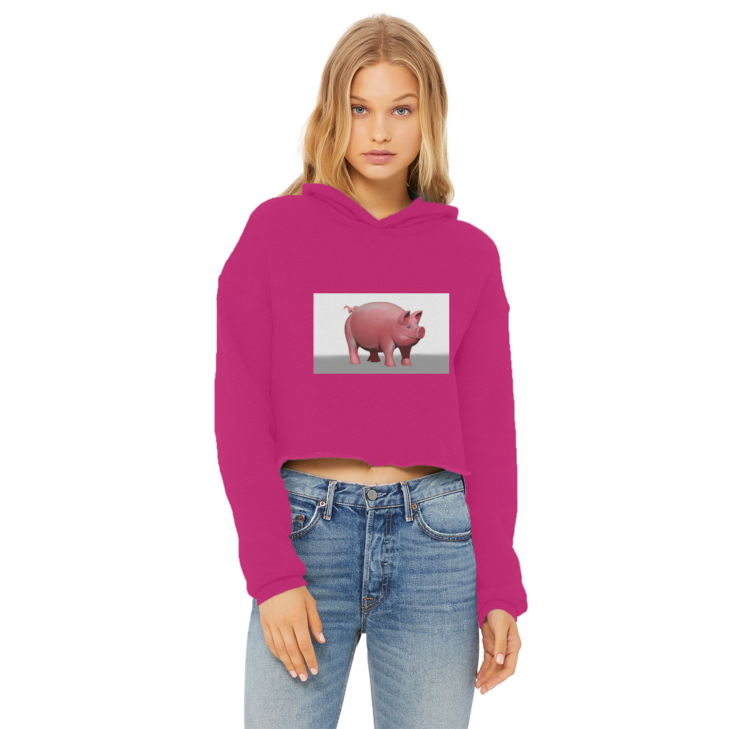 A stylish Pig Ladies Cropped Raw Edge Hoodie featuring a raw edge hem, double fabric hood, and ribbed cuffs, perfect for casual wear and customization.