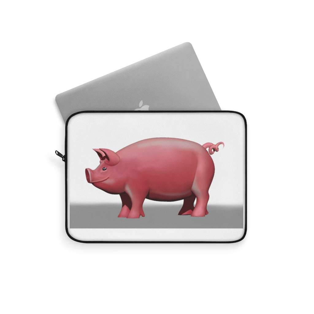 Pig Laptop Sleeve featuring a playful pig design on one side, black polyester back, and top loading zipper for easy access.