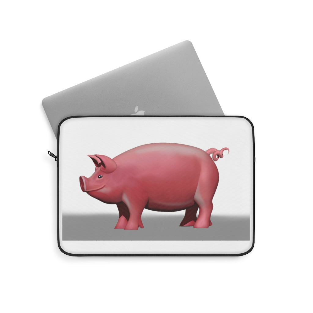 Pig Laptop Sleeve featuring a playful pig design on one side, black polyester back, and top loading zipper for easy access.