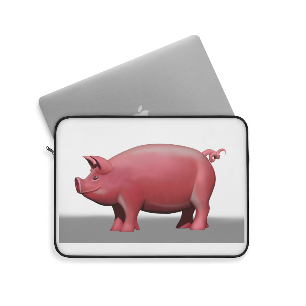 Pig Laptop Sleeve featuring a playful pig design on one side, black polyester back, and top loading zipper for easy access.