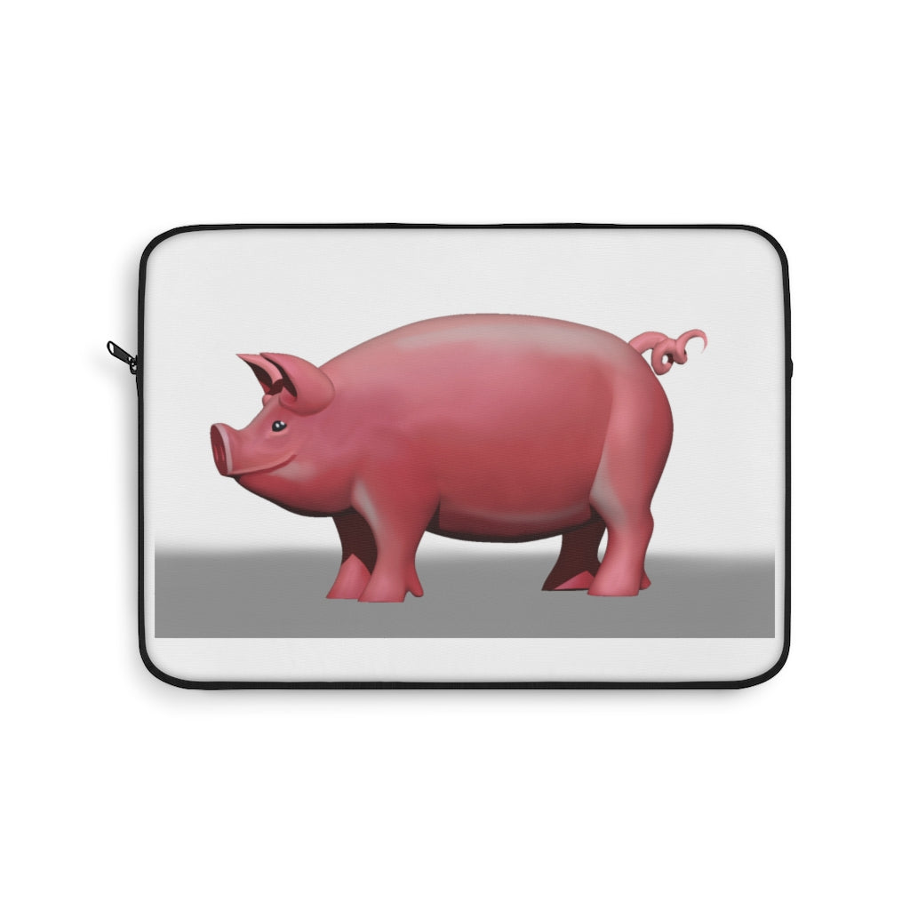 Pig Laptop Sleeve featuring a playful pig design on one side, black polyester back, and top loading zipper for easy access.