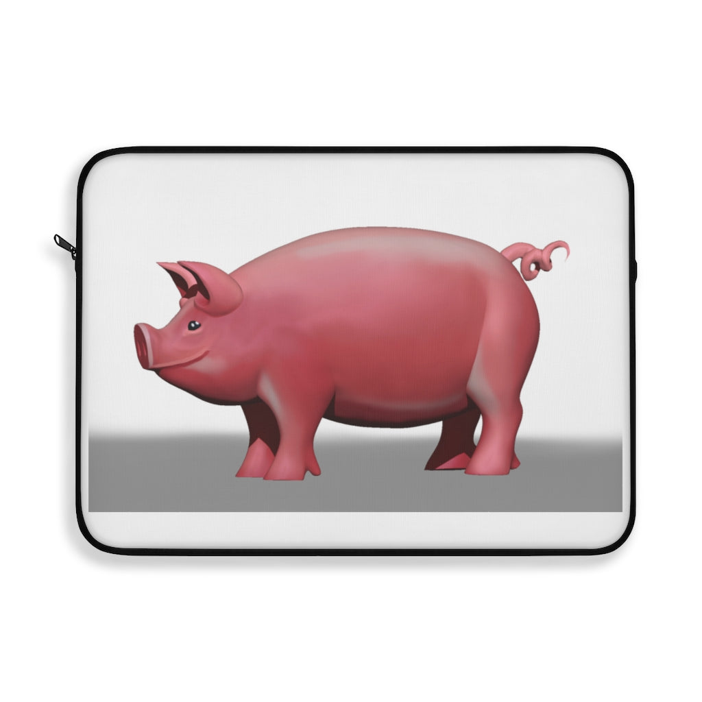 Pig Laptop Sleeve featuring a playful pig design on one side, black polyester back, and top loading zipper for easy access.