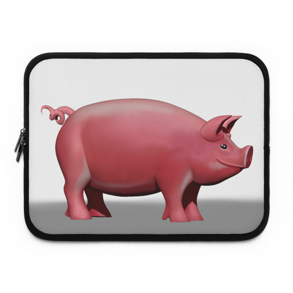 A stylish Pig Laptop Sleeve featuring a customizable front design and a black polyester back, ideal for protecting laptops during travel.