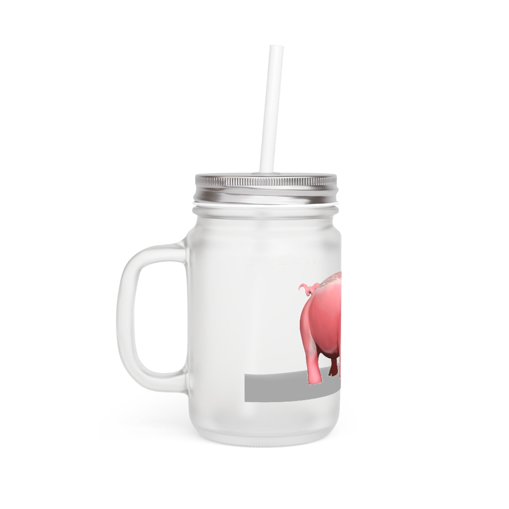 A stylish Pig Mason Jar made of frosted glass, featuring a straw and lid, perfect for personalized drinks.