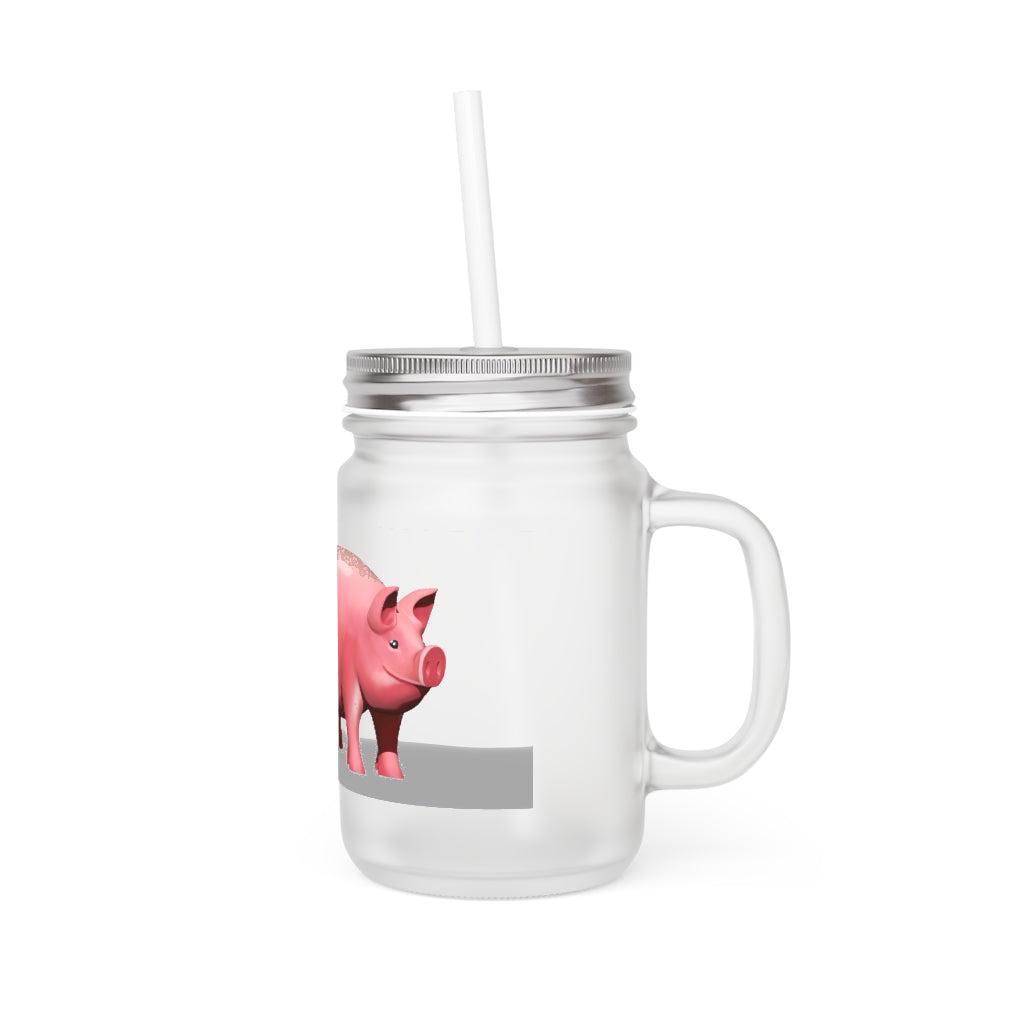 A stylish Pig Mason Jar made of frosted glass, featuring a straw and lid, perfect for personalized drinks.