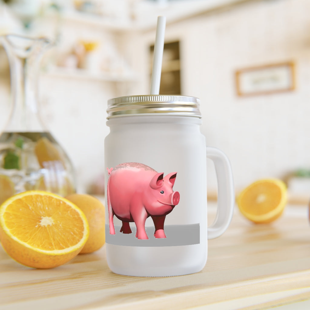 A stylish Pig Mason Jar made of frosted glass, featuring a straw and lid, perfect for personalized drinks.