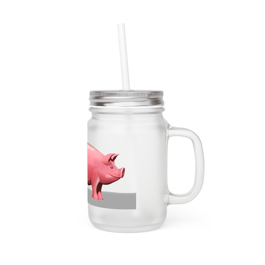 A stylish Pig Mason Jar made of frosted glass, featuring a straw and lid, perfect for personalized drinks.