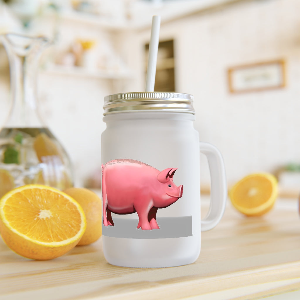 A stylish Pig Mason Jar made of frosted glass, featuring a straw and lid, perfect for personalized drinks.