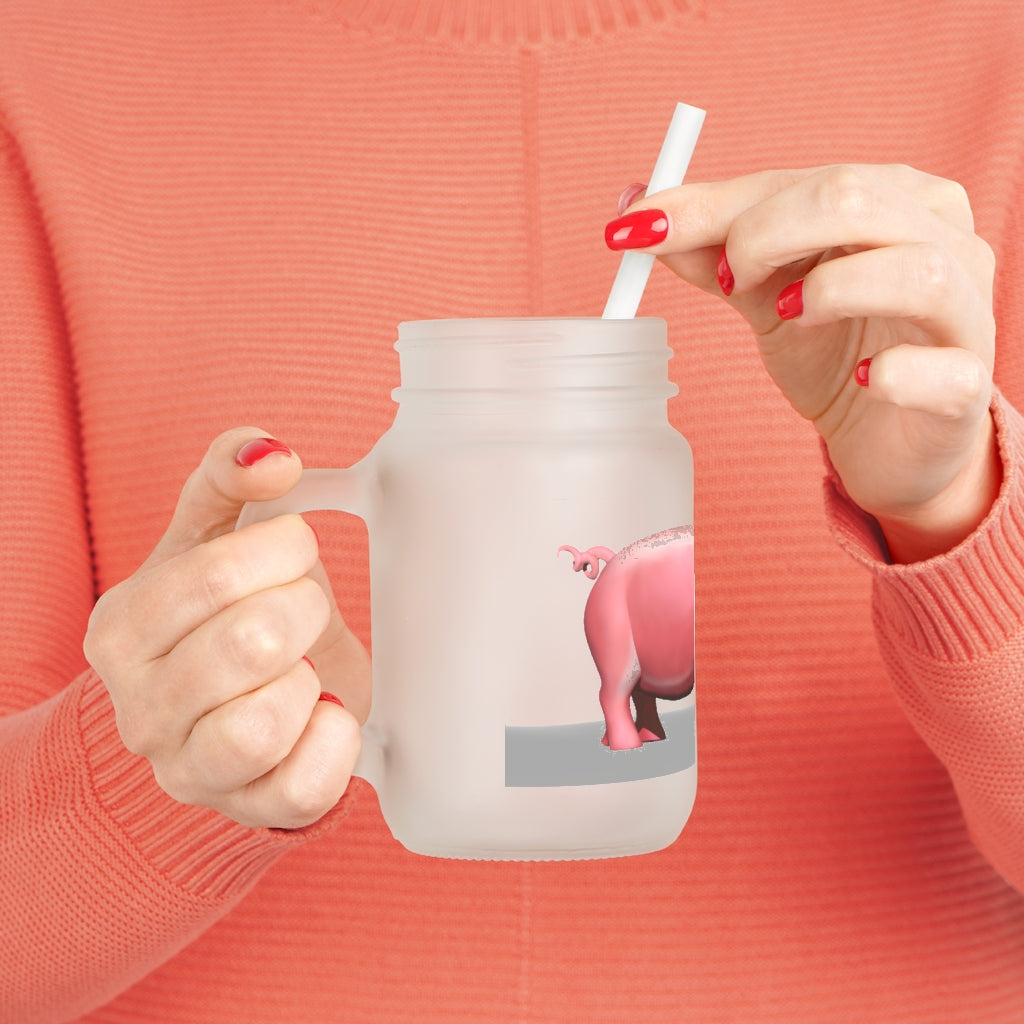 A stylish Pig Mason Jar made of frosted glass, featuring a straw and lid, perfect for personalized drinks.