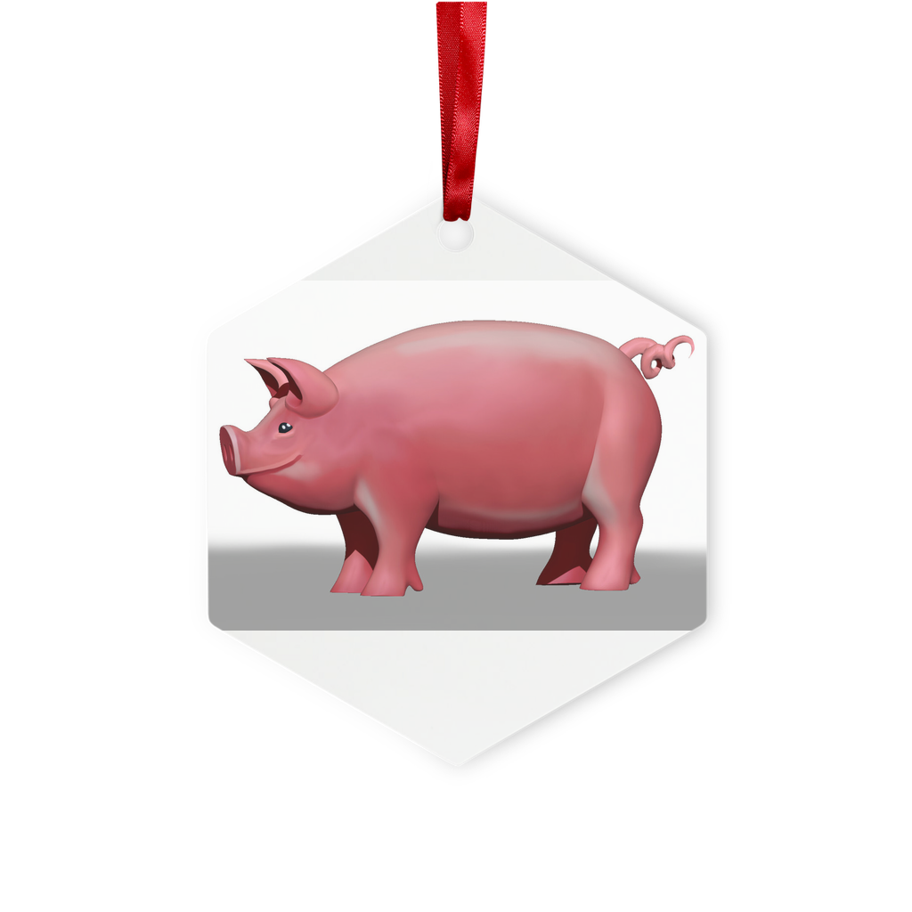 Pig Metal Hanging Ornament in hexagon and star shapes, featuring a gloss white finish and red ribbon for hanging.