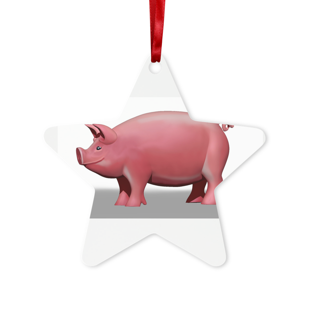 Pig Metal Hanging Ornament in hexagon and star shapes, featuring a gloss white finish and red ribbon for hanging.