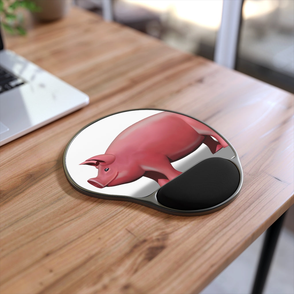 Pig-shaped mouse pad with ergonomic Memory Foam wrist rest, featuring a customizable neoprene insert.