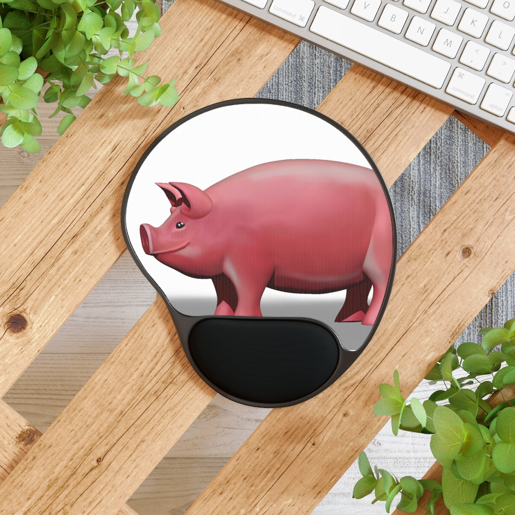 Pig-shaped mouse pad with ergonomic Memory Foam wrist rest, featuring a customizable neoprene insert.