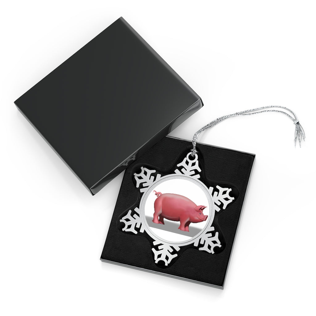 A beautifully crafted Pig Pewter Snowflake Ornament featuring a unique snowflake design and silver-toned hanging string.