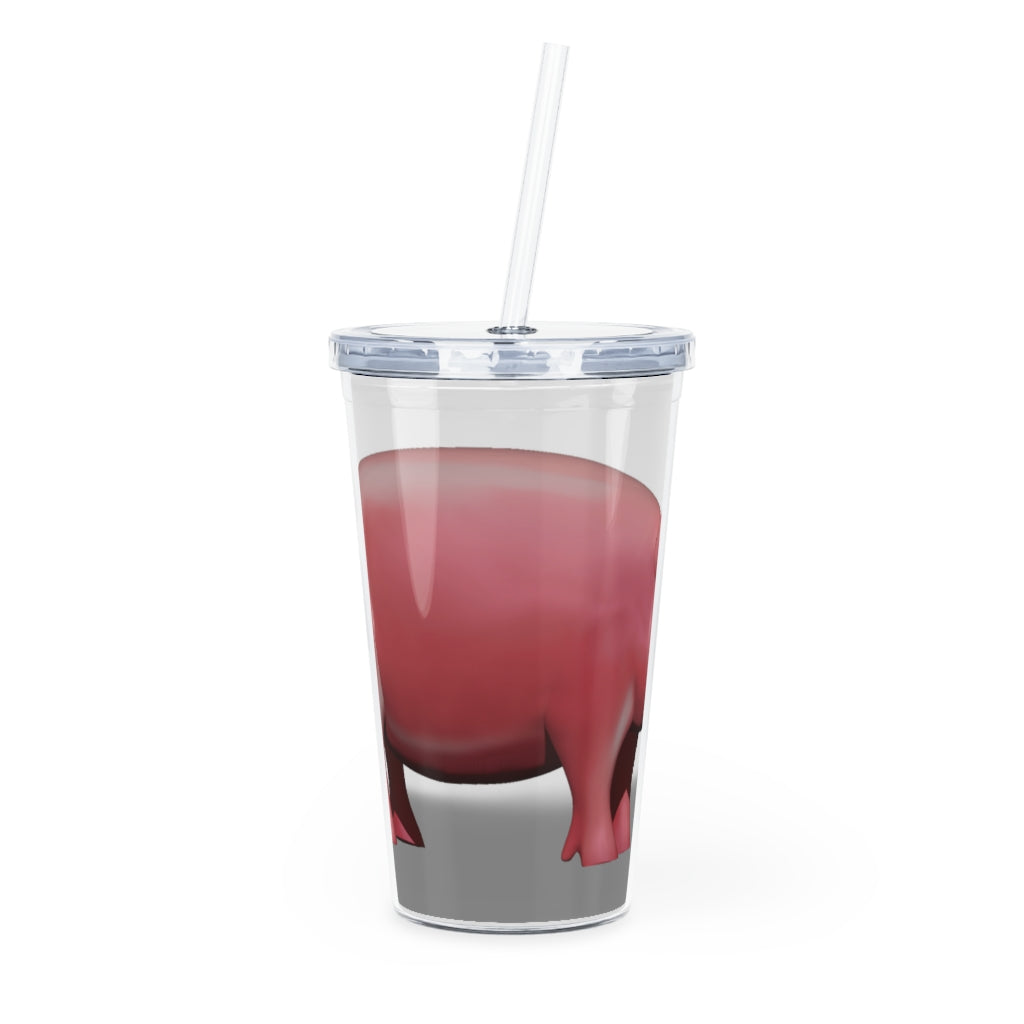 A colorful Pig Plastic Tumbler with a straw and lid, showcasing its customizable design and 20oz capacity.