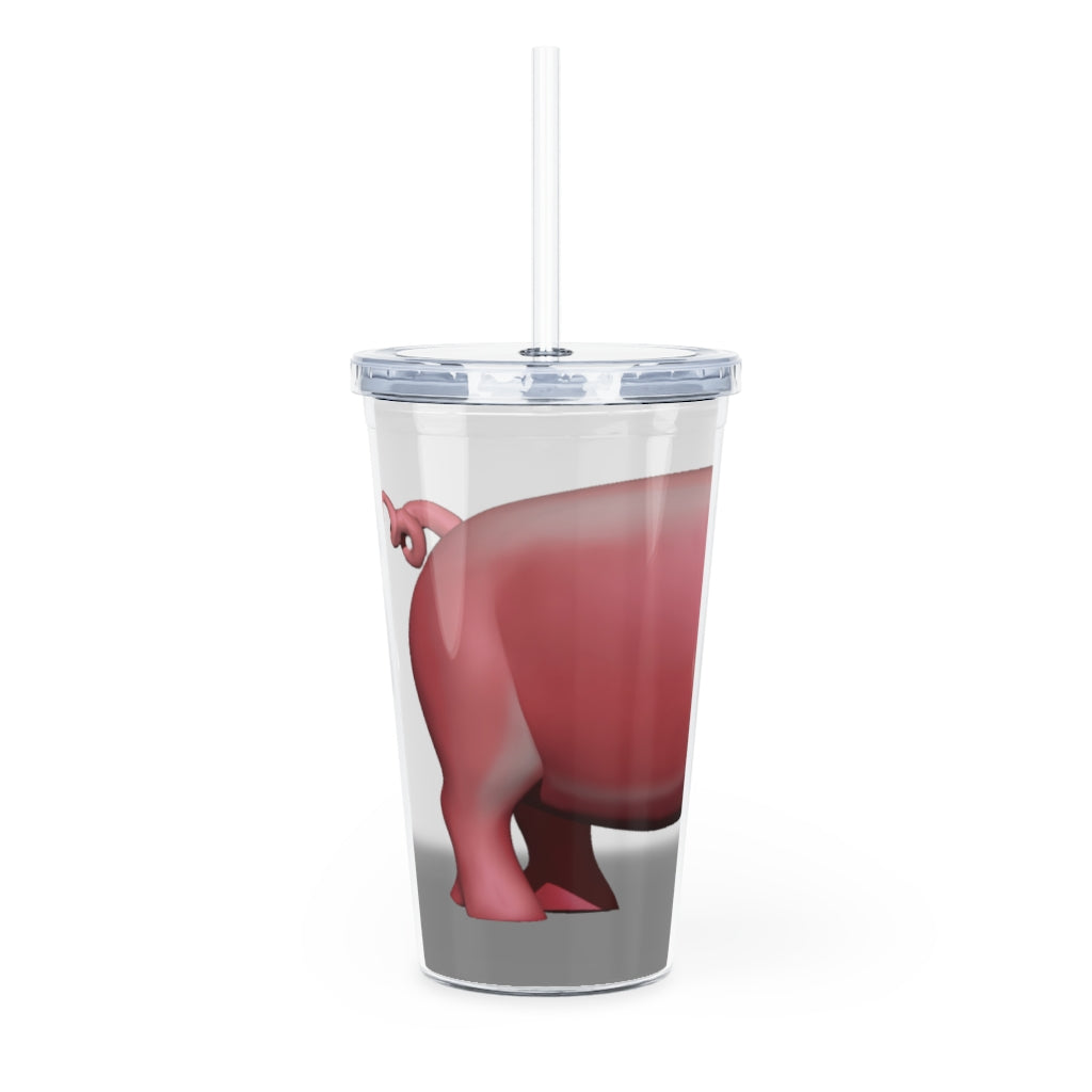 A colorful Pig Plastic Tumbler with a straw and lid, showcasing its customizable design and 20oz capacity.