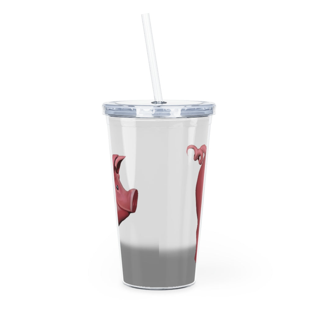 A colorful Pig Plastic Tumbler with a straw and lid, showcasing its customizable design and 20oz capacity.