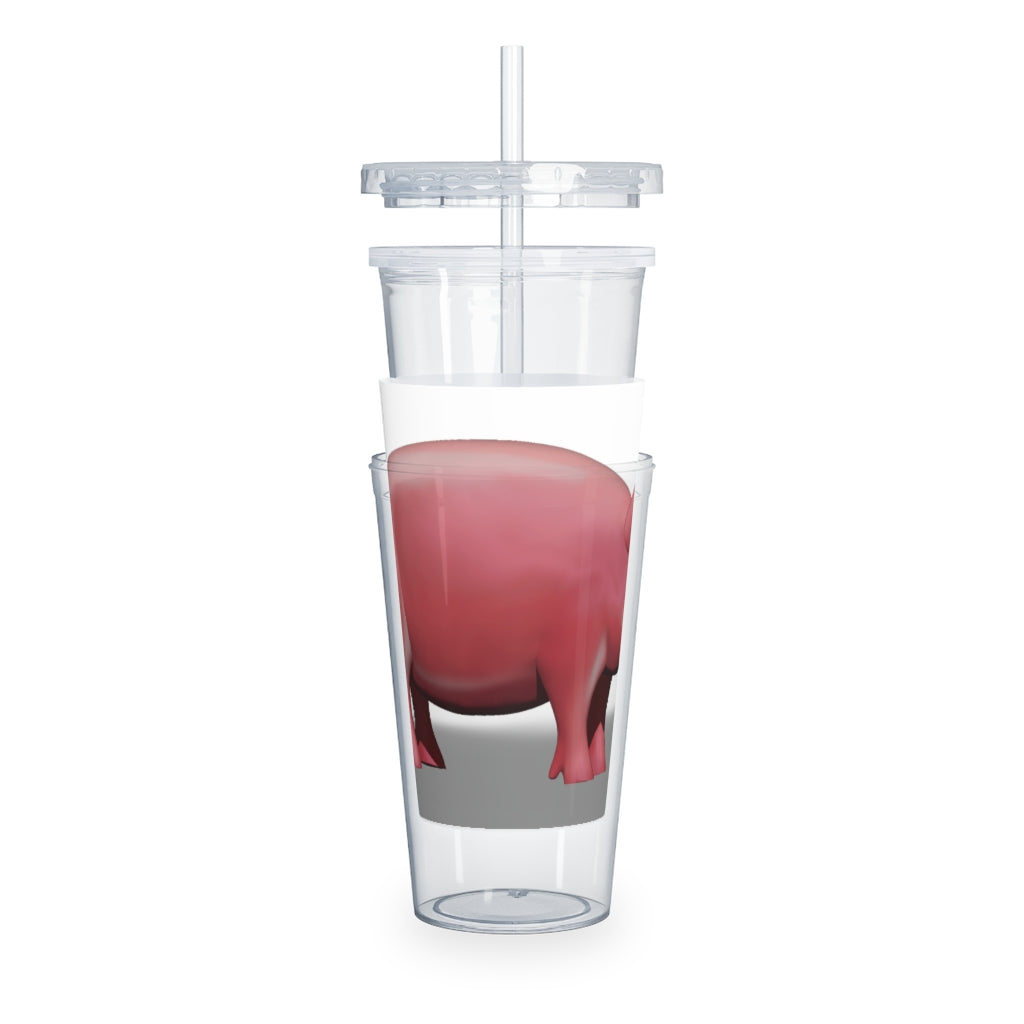 A colorful Pig Plastic Tumbler with a straw and lid, showcasing its customizable design and 20oz capacity.