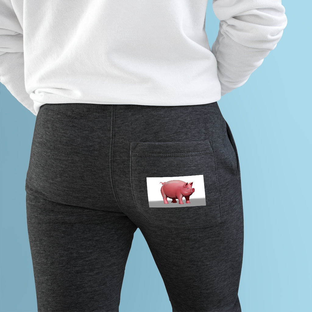 A pair of stylish Pig Premium Fleece Joggers in a cozy fleece material, featuring two side pockets and a customizable back pocket.