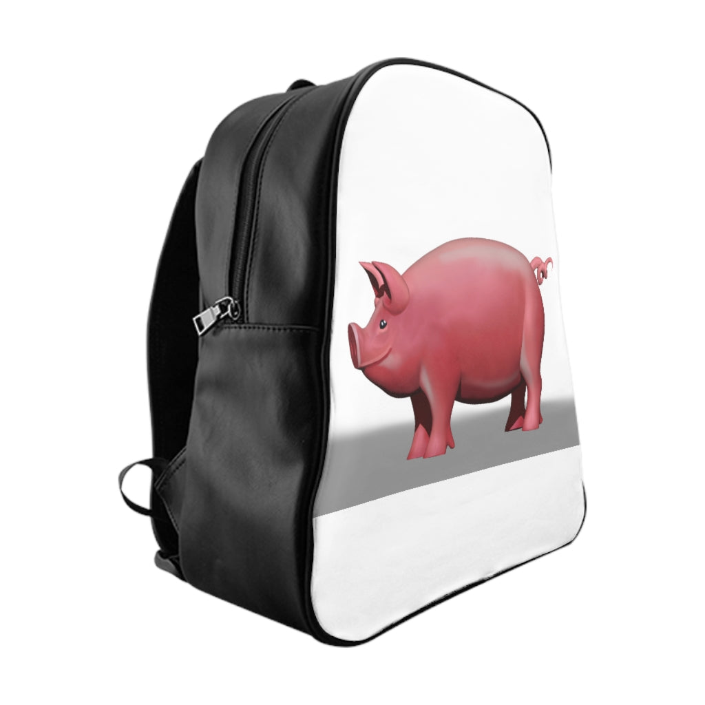 Pig School Backpack featuring a vibrant pig design, padded back, and multiple inside pockets, perfect for kids.