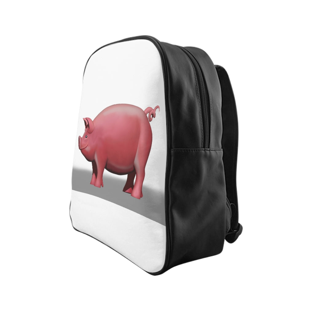 Pig School Backpack featuring a vibrant pig design, padded back, and multiple inside pockets, perfect for kids.