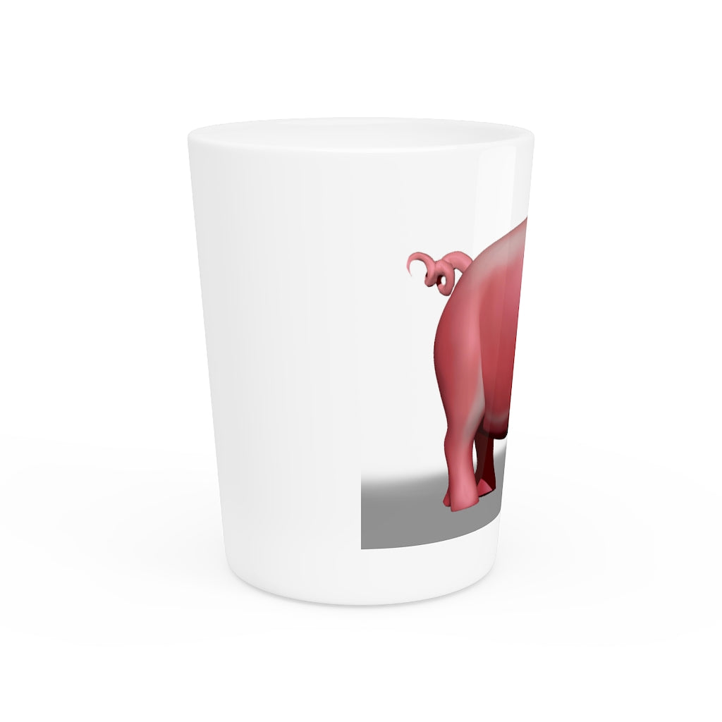 A personalized Pig Shot Glass made of white ceramic with a customizable design, featuring a black interior.