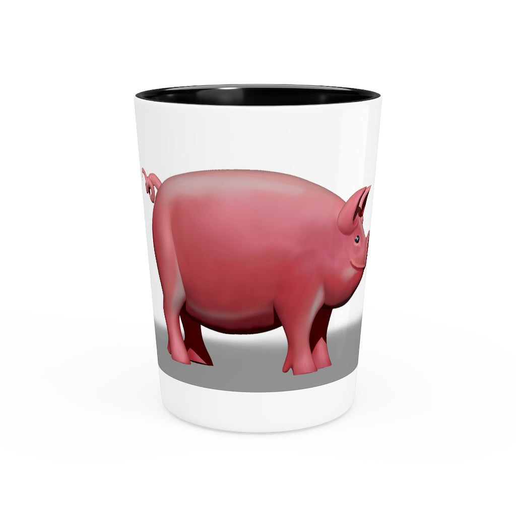 A personalized Pig Shot Glass made of white ceramic with a customizable design, featuring a black interior.