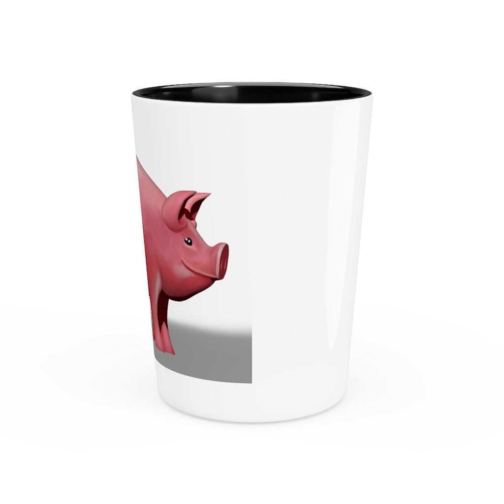 A personalized Pig Shot Glass made of white ceramic with a customizable design, featuring a black interior.