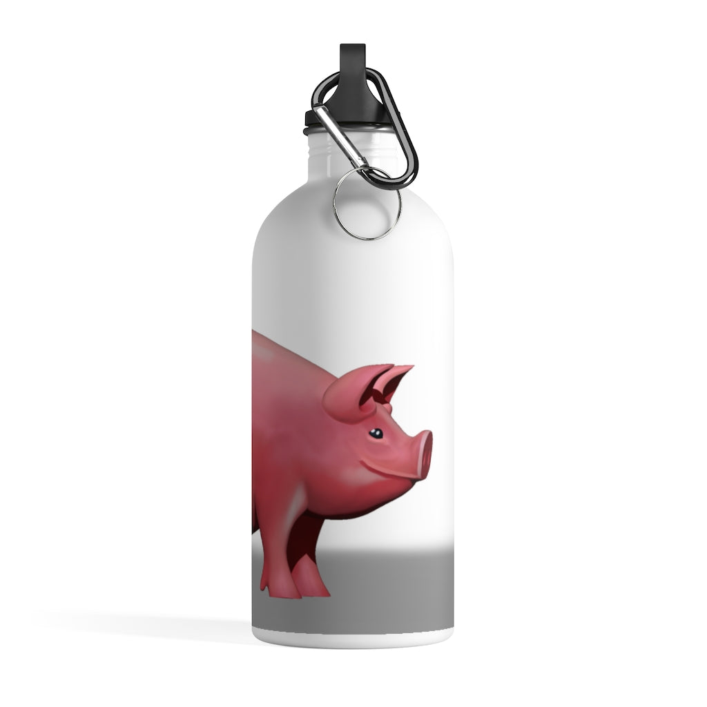 A stylish Pig Stainless Steel Water Bottle with a vibrant pig design, featuring a plastic screw top and a carabiner.