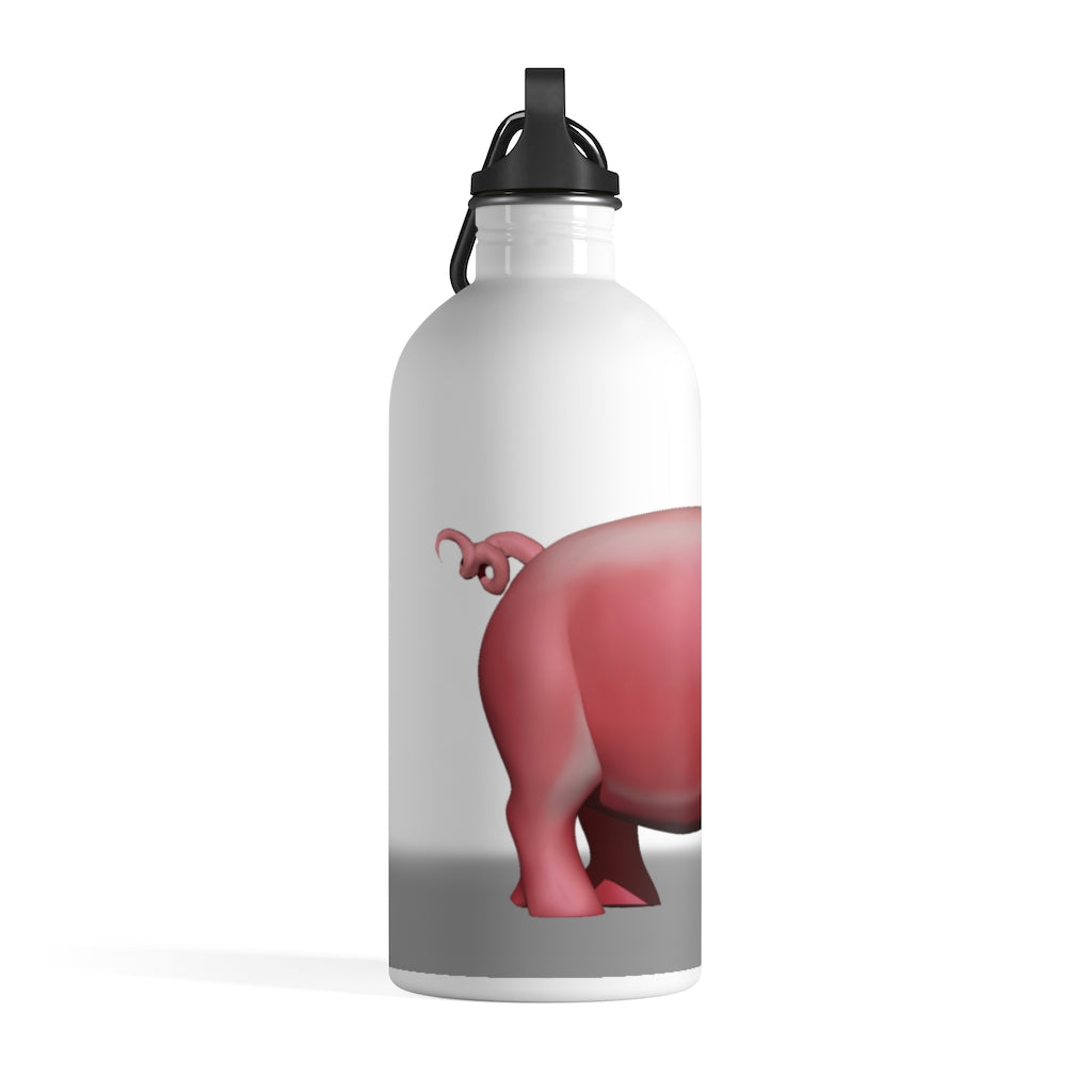 A stylish Pig Stainless Steel Water Bottle with a vibrant pig design, featuring a plastic screw top and a carabiner.