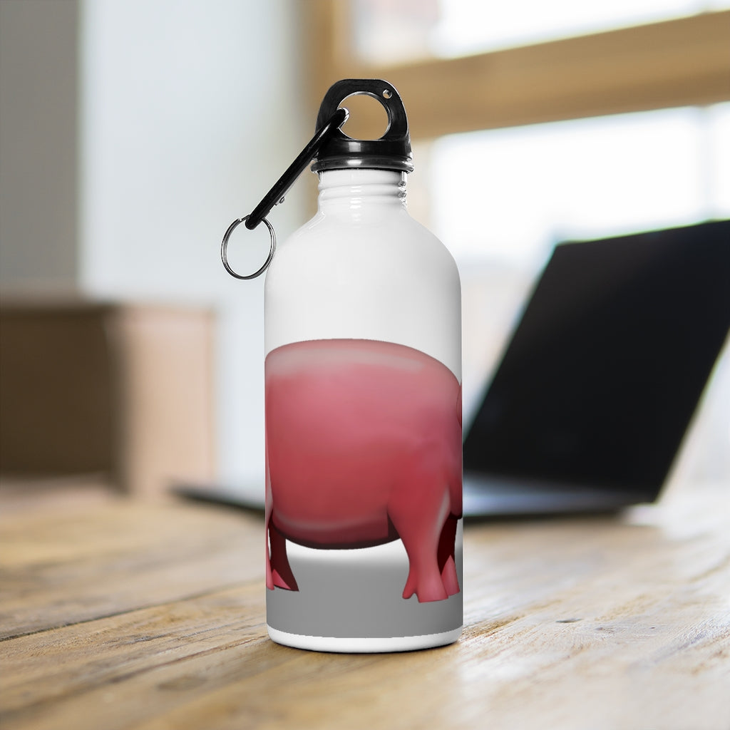 A stylish Pig Stainless Steel Water Bottle with a vibrant pig design, featuring a plastic screw top and a carabiner.