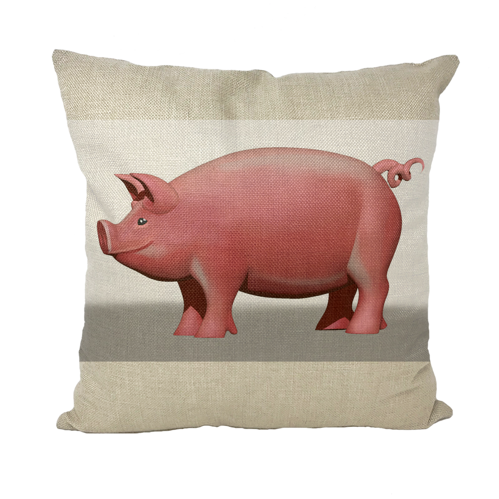 A collection of Pig Throw Pillows in various styles including linen, canvas, and suede, showcasing vibrant designs and high-quality materials.