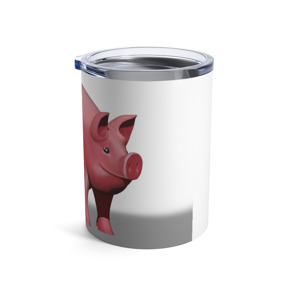 A stylish 10oz stainless steel Pig Tumbler with a see-thru plastic lid, perfect for hot and cold beverages.