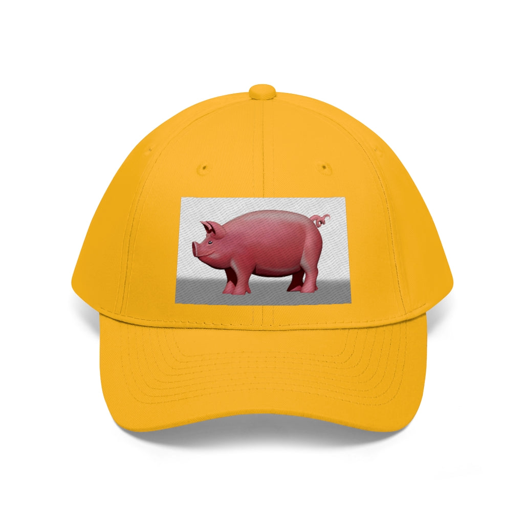 Pig Unisex Twill Hat featuring a classic 6-panel design made from 100% cotton twill with an adjustable Velcro closure.