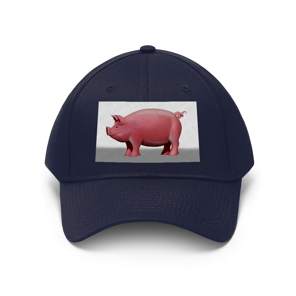 Pig Unisex Twill Hat featuring a classic 6-panel design made from 100% cotton twill with an adjustable Velcro closure.