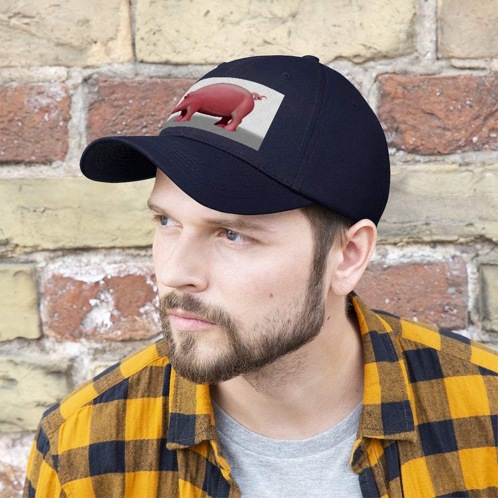 Pig Unisex Twill Hat featuring a classic 6-panel design made from 100% cotton twill with an adjustable Velcro closure.