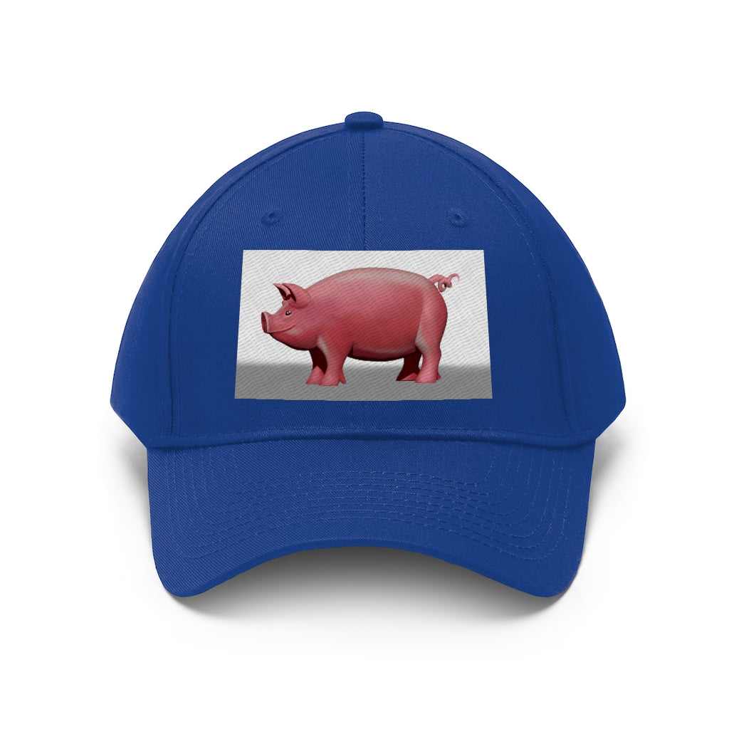 Pig Unisex Twill Hat featuring a classic 6-panel design made from 100% cotton twill with an adjustable Velcro closure.