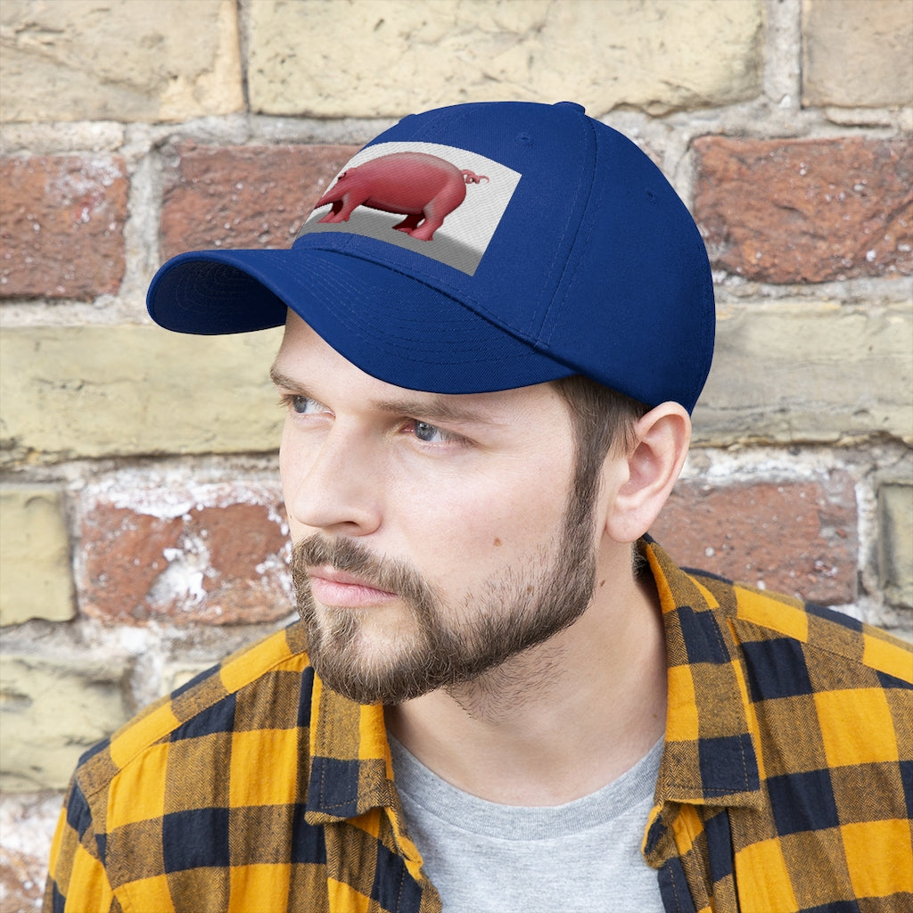 Pig Unisex Twill Hat featuring a classic 6-panel design made from 100% cotton twill with an adjustable Velcro closure.