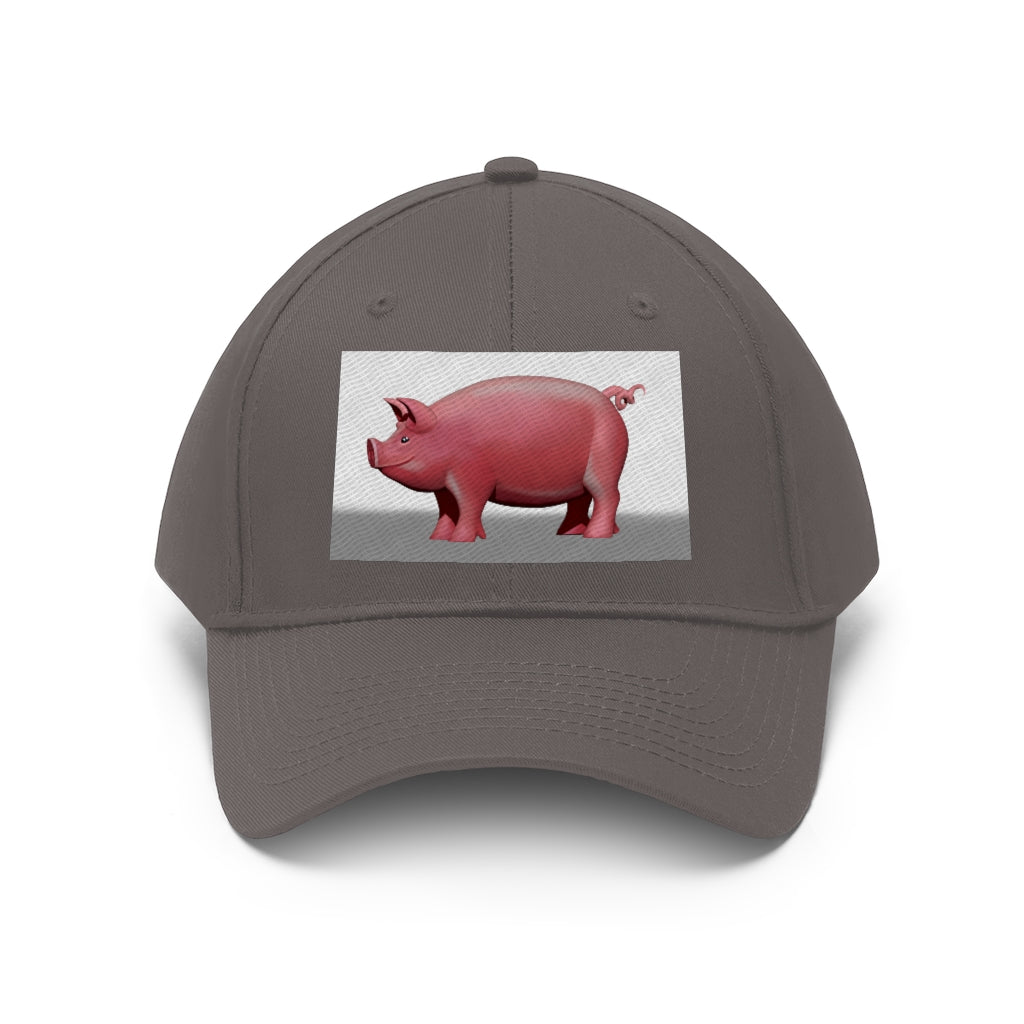 Pig Unisex Twill Hat featuring a classic 6-panel design made from 100% cotton twill with an adjustable Velcro closure.