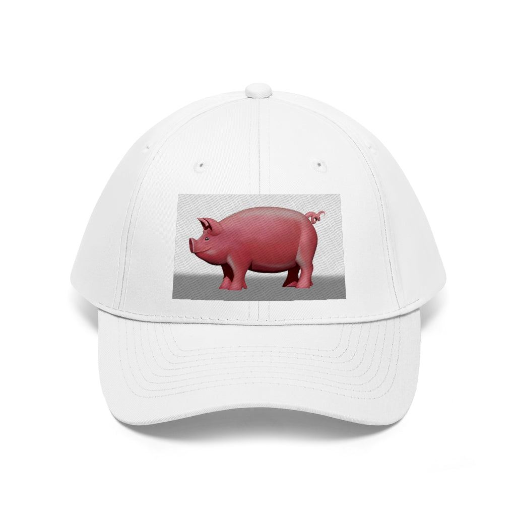 Pig Unisex Twill Hat featuring a classic 6-panel design made from 100% cotton twill with an adjustable Velcro closure.