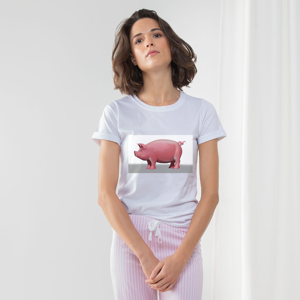 Pig Women's Long Pant Pyjama Set featuring a white t-shirt, heather grey and light pink striped pants, and a matching drawcord bag.