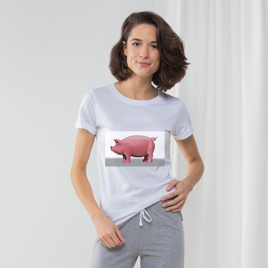 Pig Women's Long Pant Pyjama Set featuring a white t-shirt, heather grey and light pink striped pants, and a matching drawcord bag.