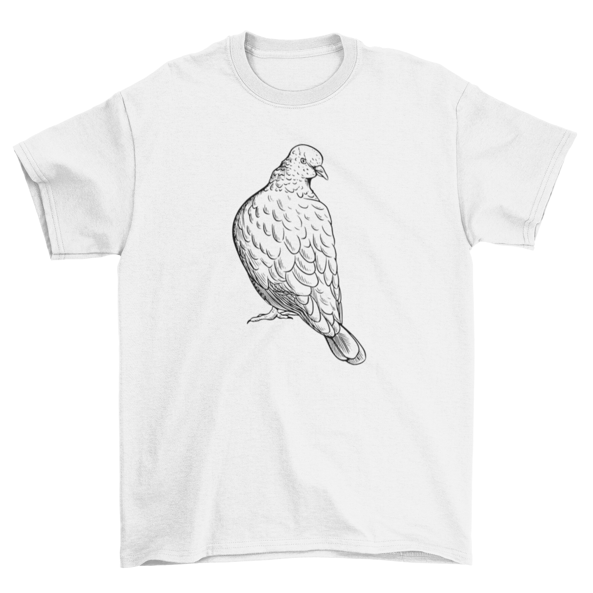 A stylish t-shirt featuring a unique hand-drawn illustration of a pigeon, showcasing artistic design and quality fabric.