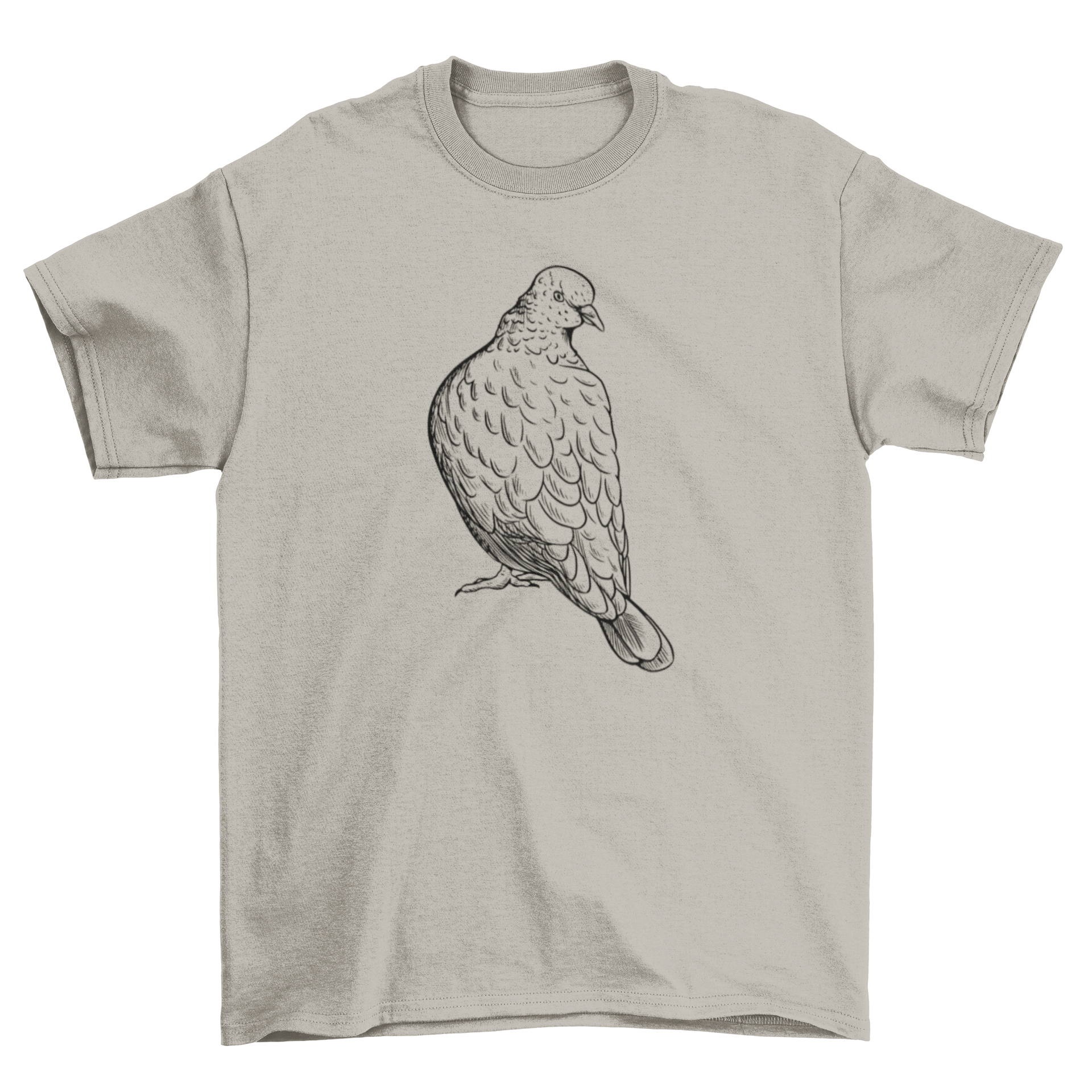 A stylish t-shirt featuring a unique hand-drawn illustration of a pigeon, showcasing artistic design and quality fabric.