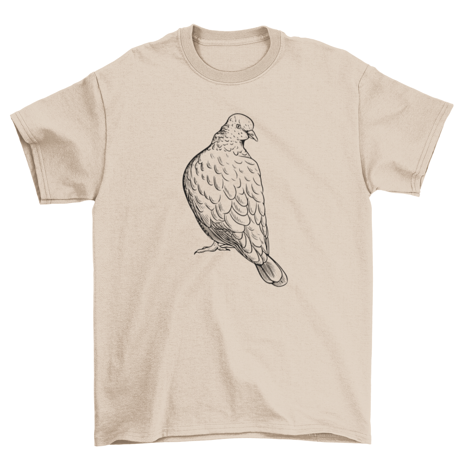 A stylish t-shirt featuring a unique hand-drawn illustration of a pigeon, showcasing artistic design and quality fabric.