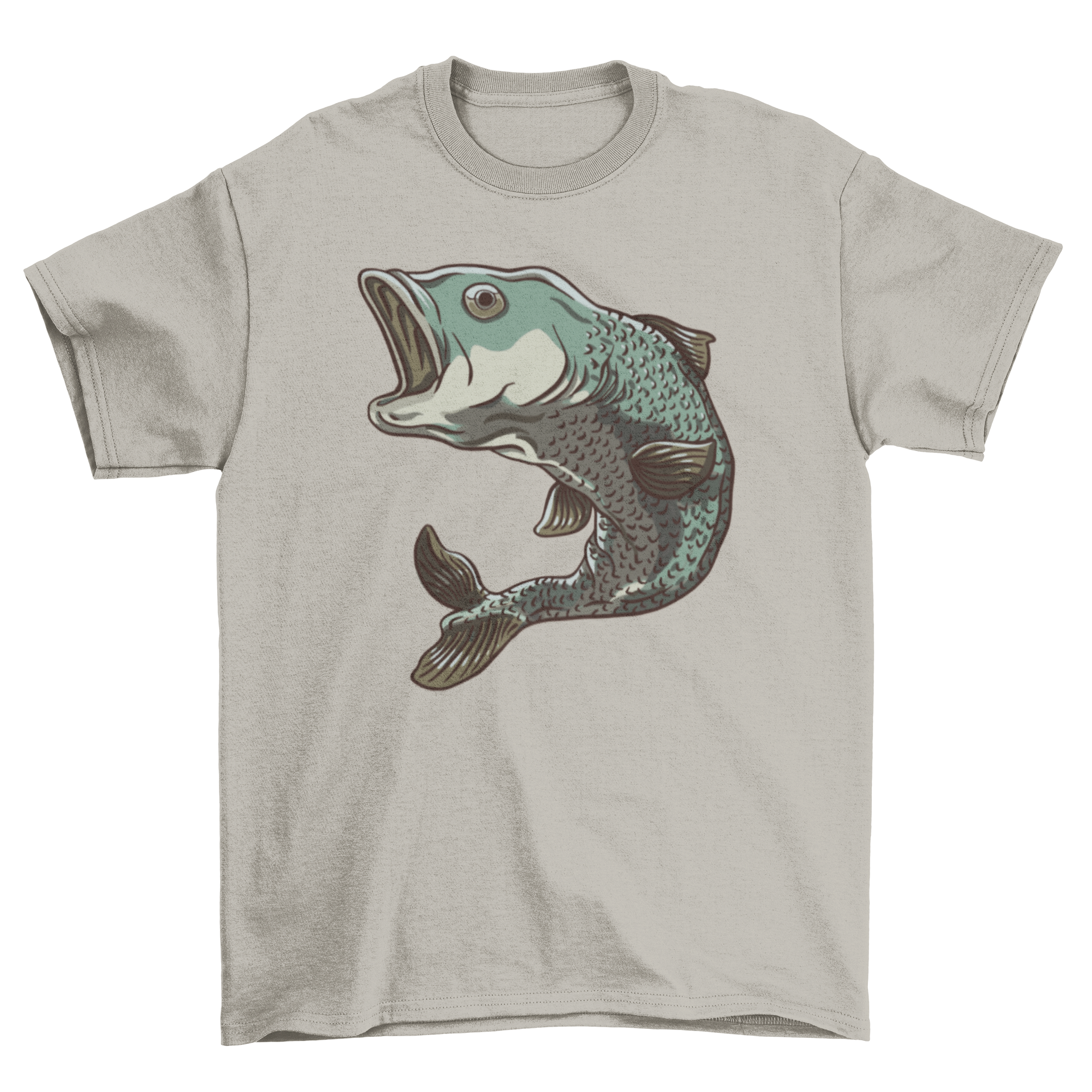 A stylish Pikeperch fish t-shirt featuring a jumping fish design, perfect for fishing enthusiasts.