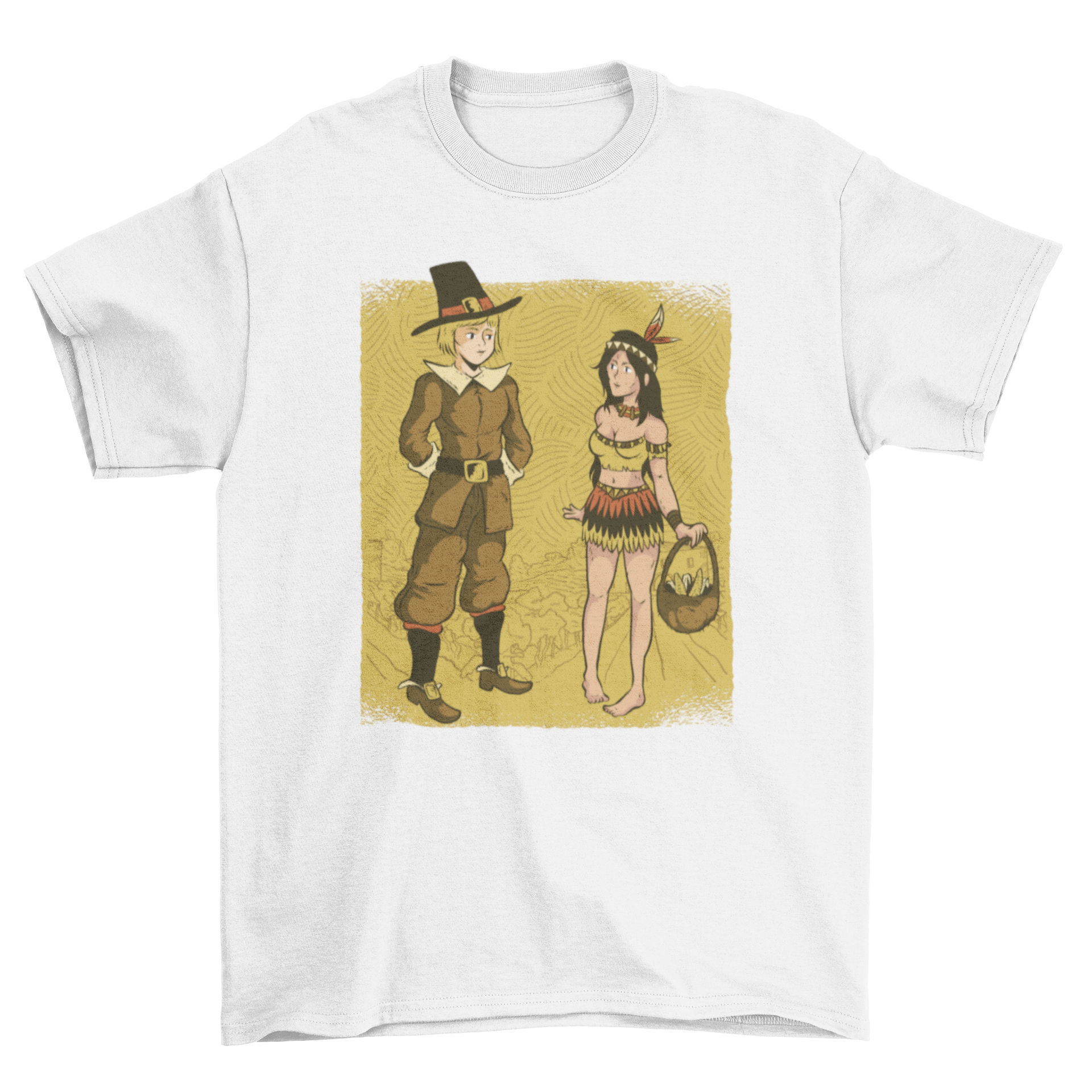 Cute cartoon t-shirt design featuring a male pilgrim and a female native, showcasing vibrant colors and playful graphics.