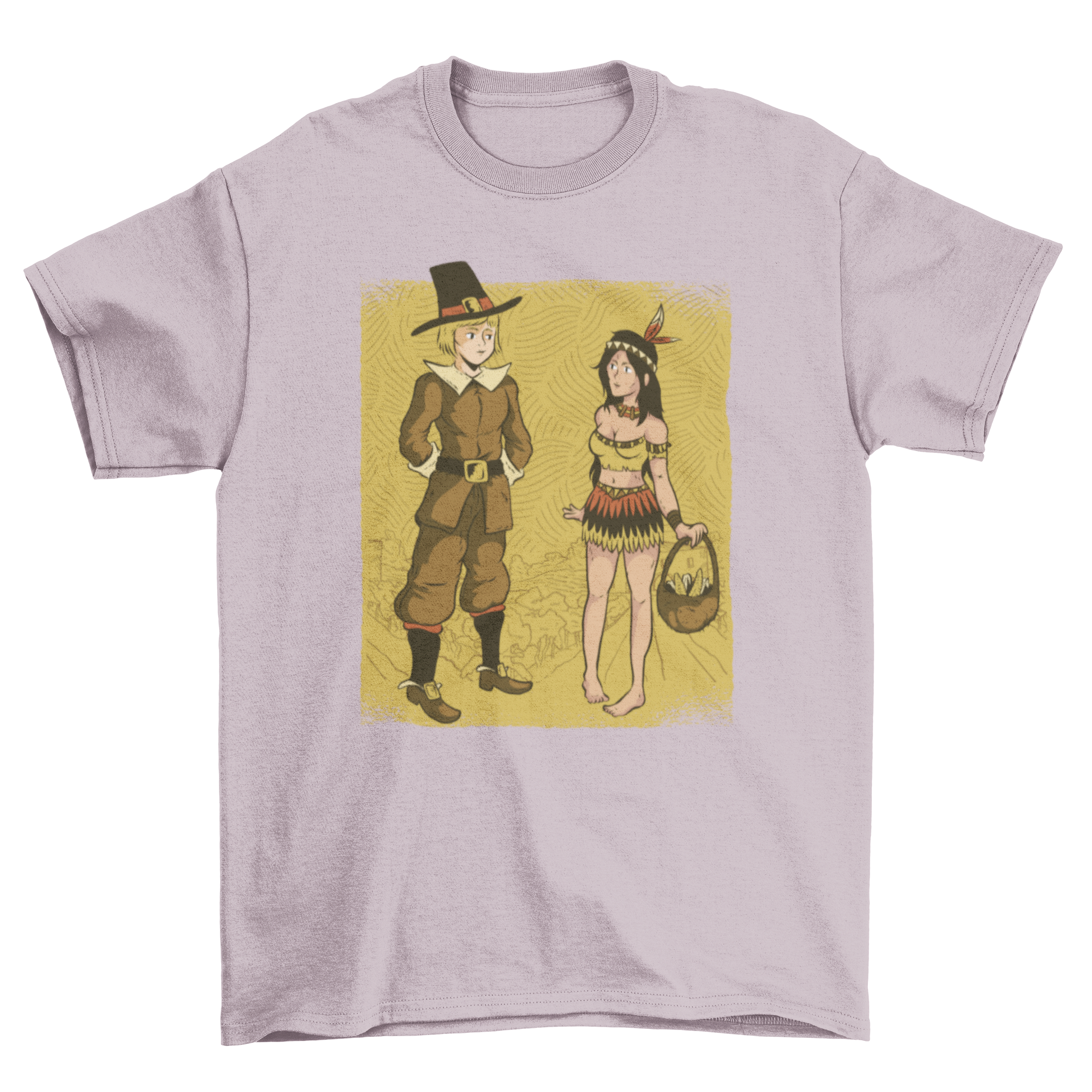 Cute cartoon t-shirt design featuring a male pilgrim and a female native, showcasing vibrant colors and playful graphics.